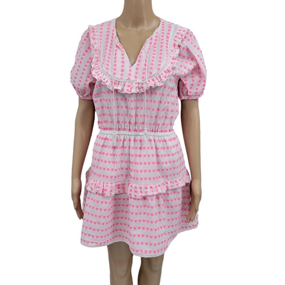dRA Los Angeles Hot Pink Gingham Tiered Mini Dress Women's Size Small